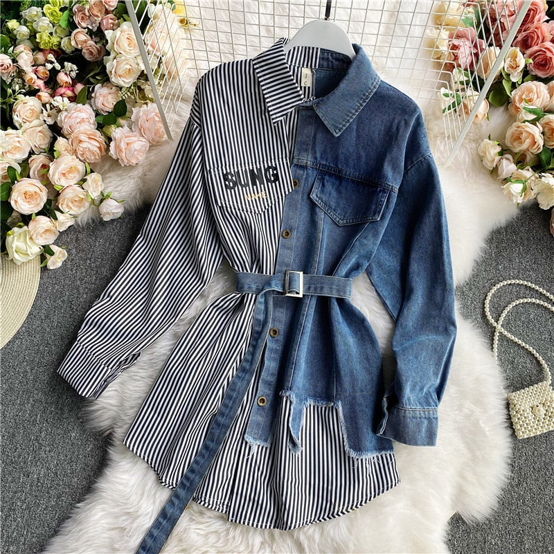 Women's Blouse Autumn Long Sleeve Shirt Tops Jeans Patchwork Plaid Blouses Elegantes Blusas para mujer Slim Shirt Dress
