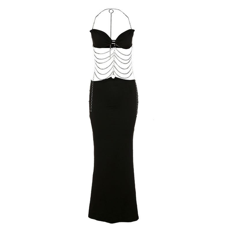 Black Halter Neck Rhinestone Chain Cutout Bodycon Maxi Dress 9