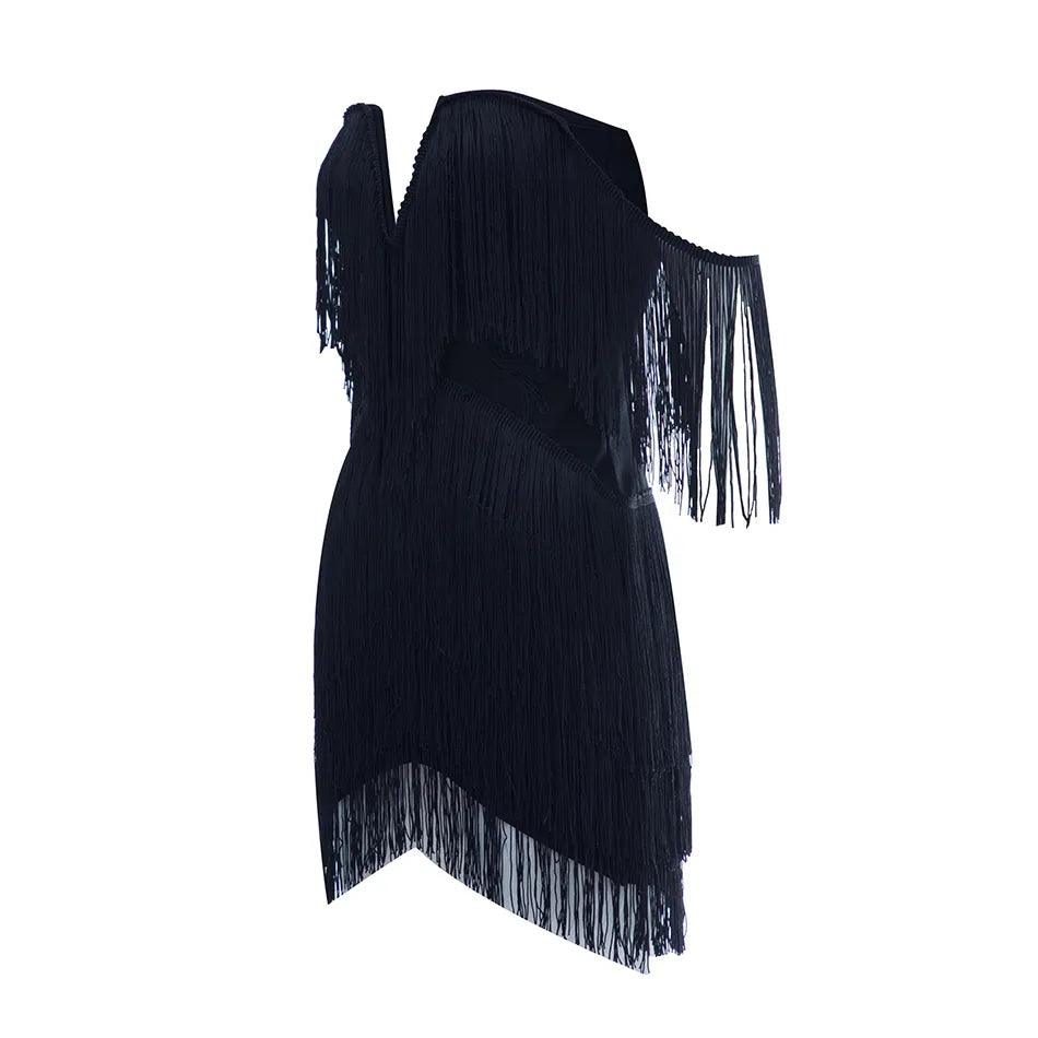 V-Neck Tiered Fringe Tassel Bodycon Mini Dress