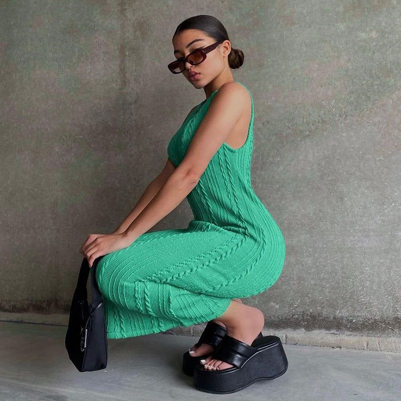 Green Round Neck Sleeveless Cable Knit Ribbed Bodycon Midi Dress 5