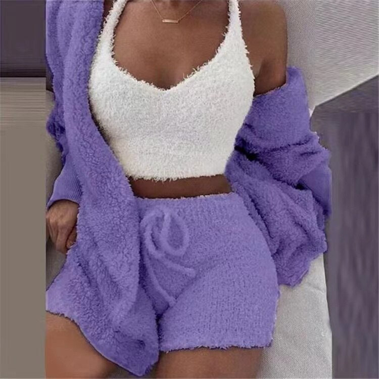 Sexy Fluffy Autumn Piece Sweatshirt Backless Plush Home Sports Women Pyjamas Wear Winter Fleece