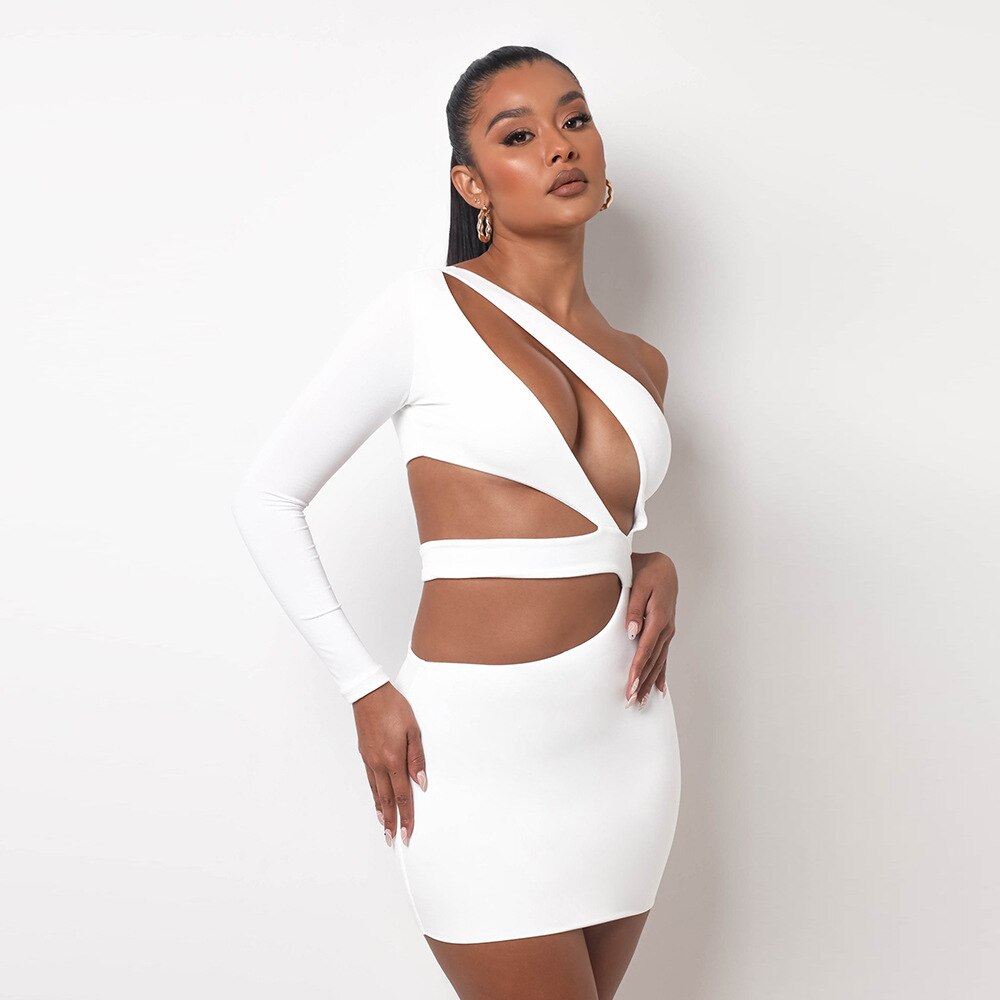 Autumn Bodycon - White Out Shoulder Evening Women Club Gown Cut One Dress Stretchy Dress / Xs
