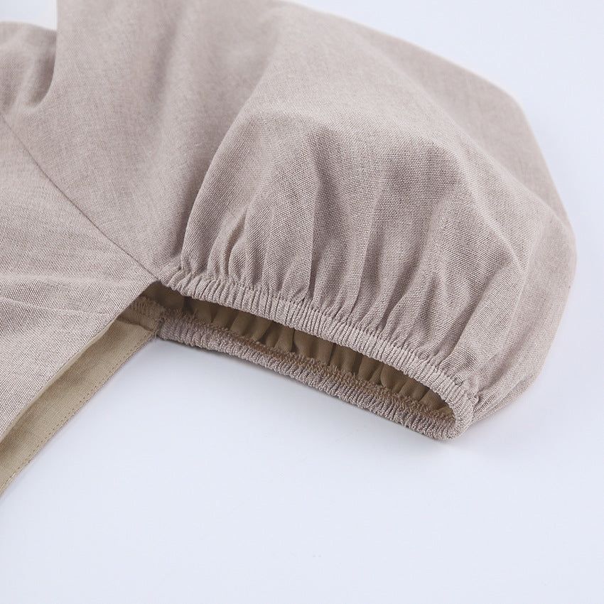 Khaki Square Neck Puff Sleeve Linen Babydoll A-Line Mini Dress