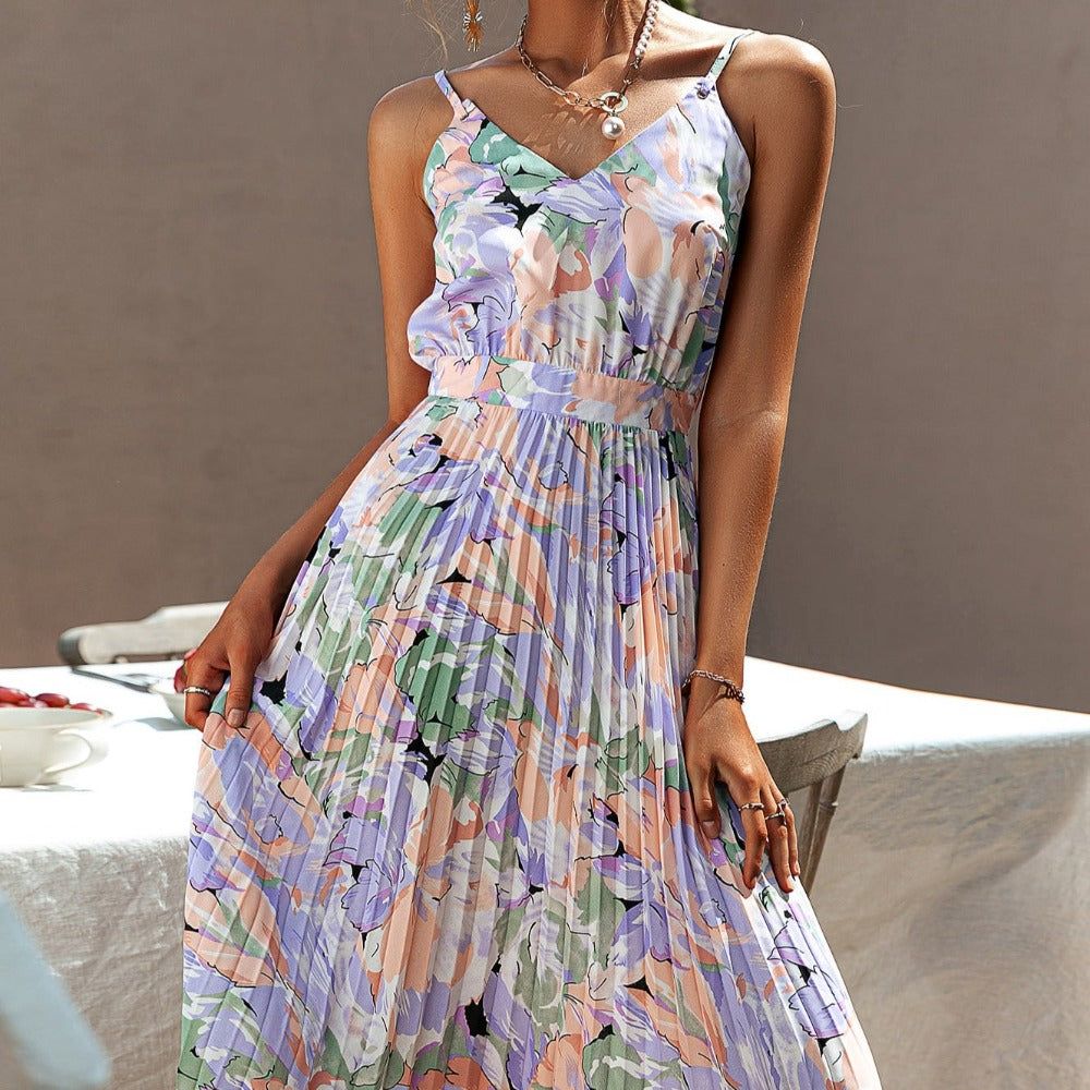 Purple V-Neck Spaghetti Strap Floral Print Pleated A-Line Midi Dress