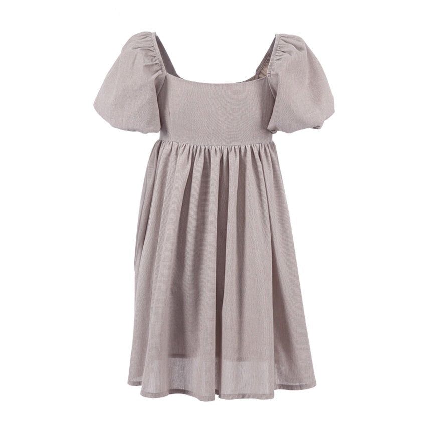 Khaki Square Neck Puff Sleeve Linen Babydoll Mini Dress