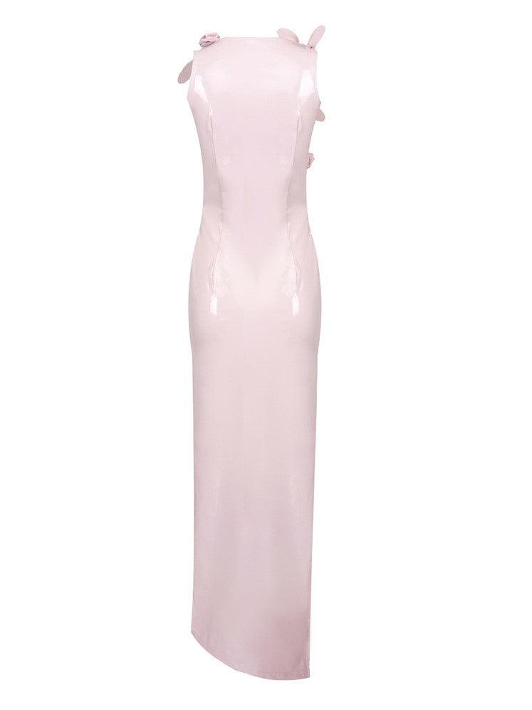High Neck Rosette Cutout Latex High Slit Bodycon Maxi Dress