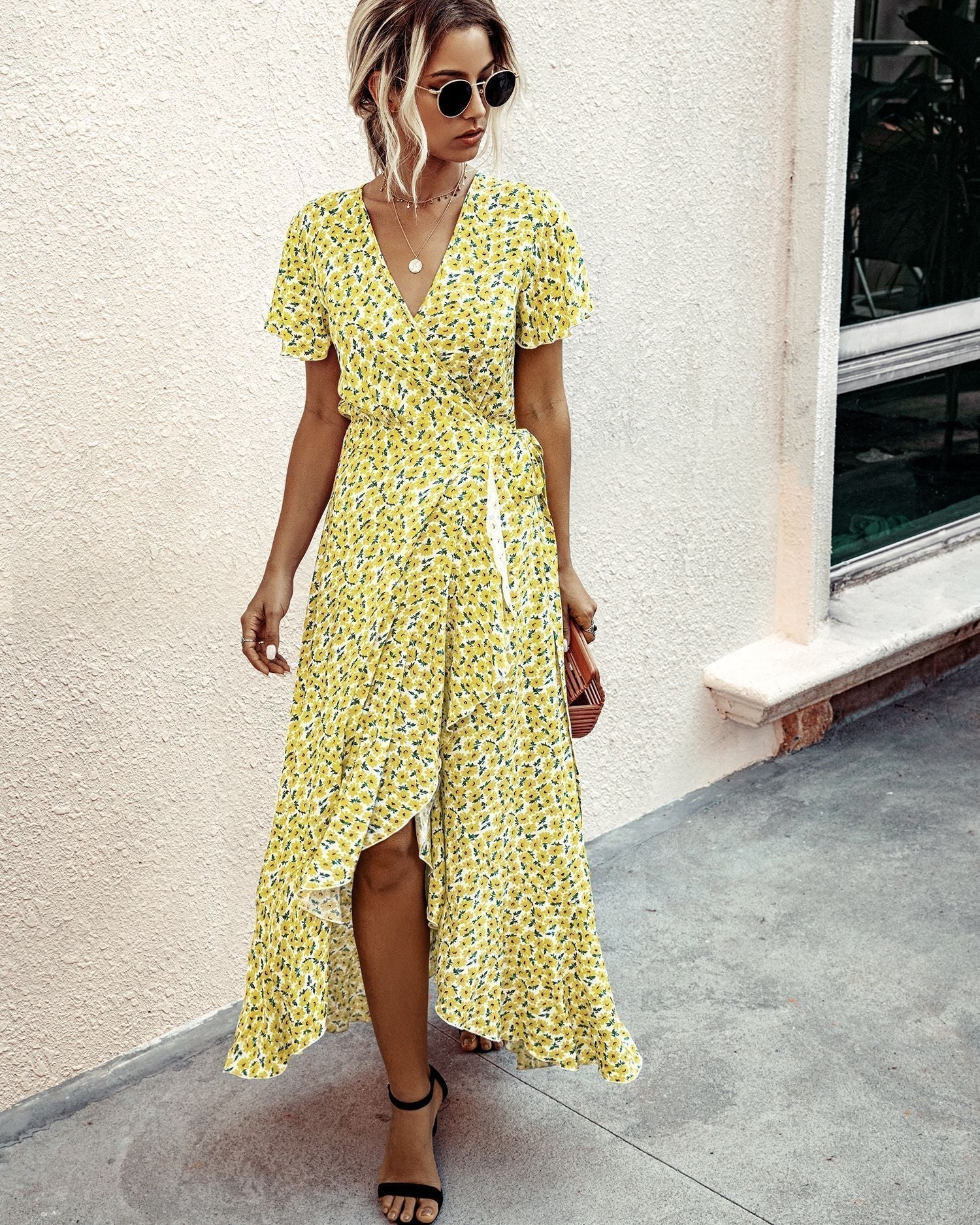 Pink Polka Dot V-Neck Ruffle Short-Sleeved Beach Vacation Summer Dress