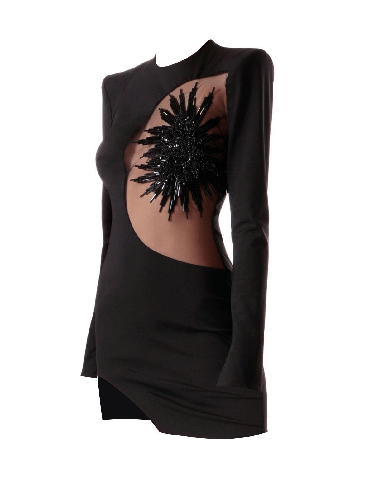 Round Neck Long Sleeve Beaded Floral Cutout Bandage Bodycon Mini Dress