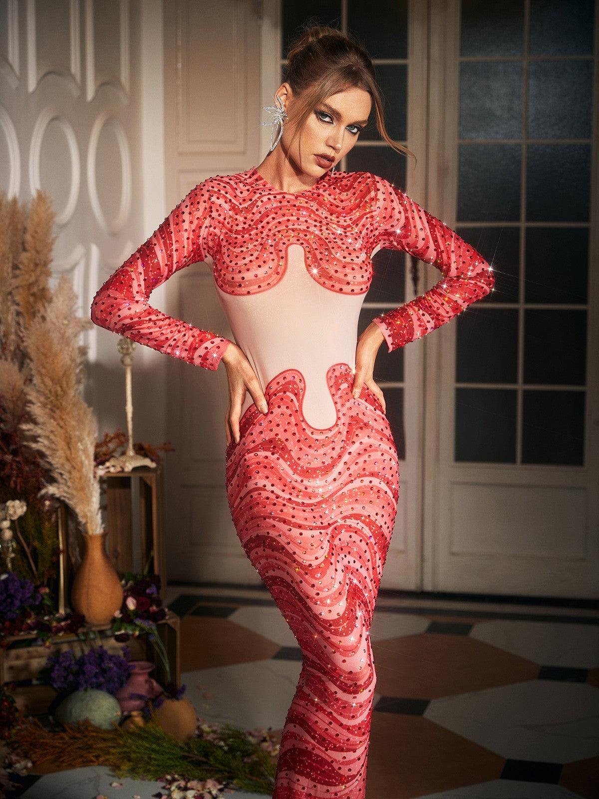 Wave Printed Rhinestone Maxi Dress