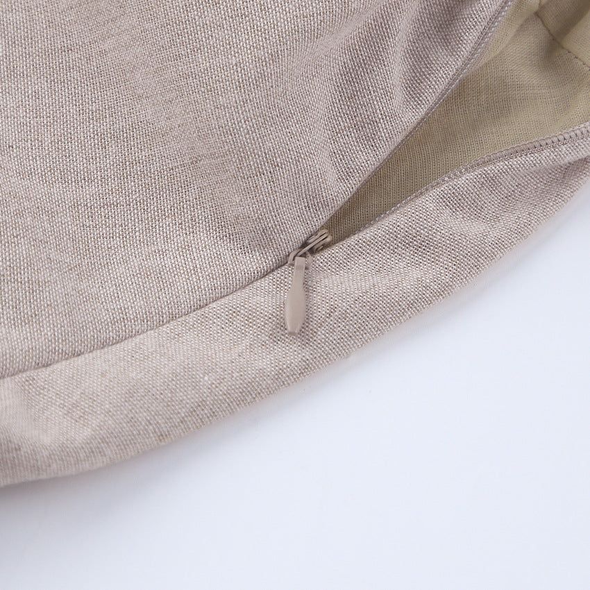 Khaki Square Neck Puff Sleeve Linen Babydoll Mini Dress