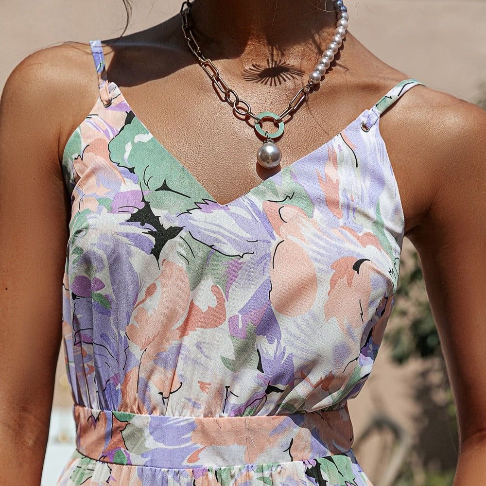 Purple V-Neck Spaghetti Strap Floral Print Pleated A-Line Midi Dress