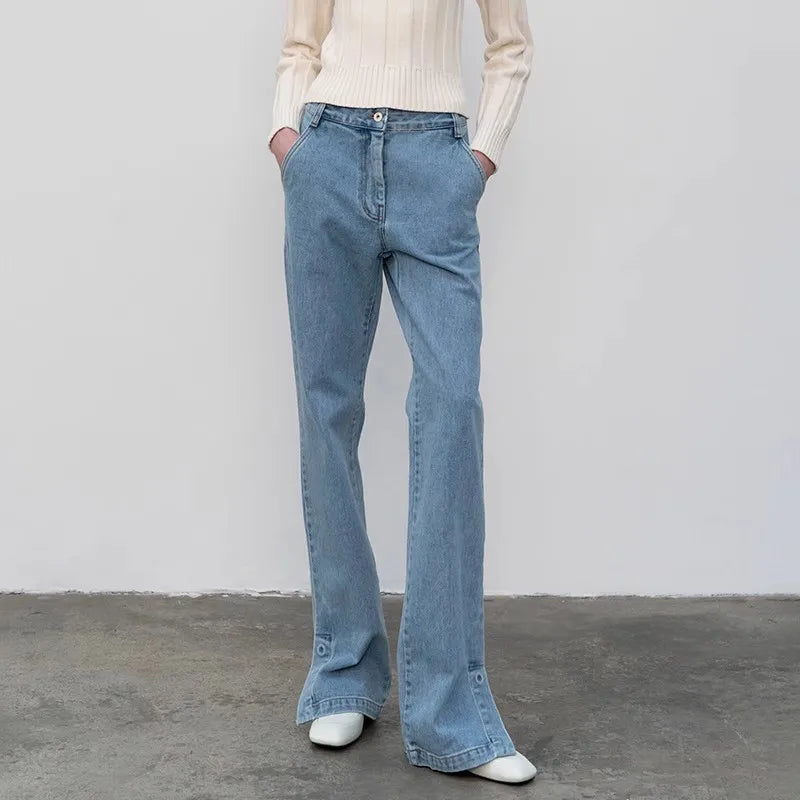 High Quality Women Spring And Autumn All-Match Side Slit Straight Waist Bootcut Jean Blue / Xs