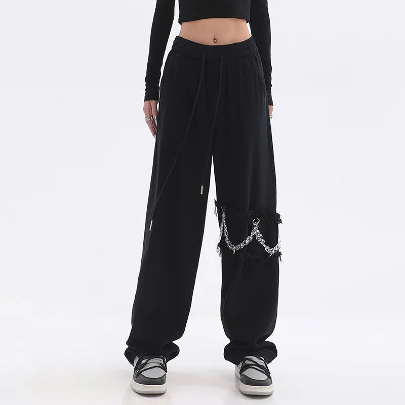 Spliced Chain Elastic Waist Pants Black / M (46-55kg)