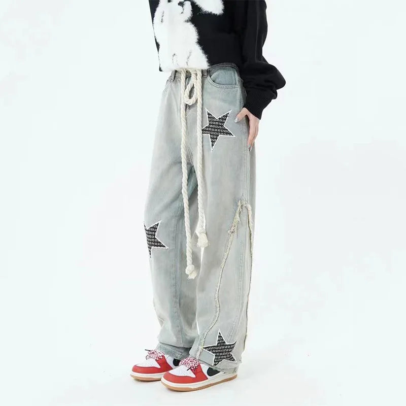Stars Embroidery High Waist Jeans Pants