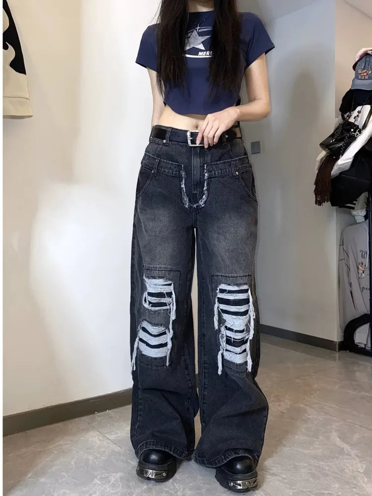 High Street Niche Design Washed Straight Tube Loose Fitting Retro Trendy Women’s Jean Black / S
