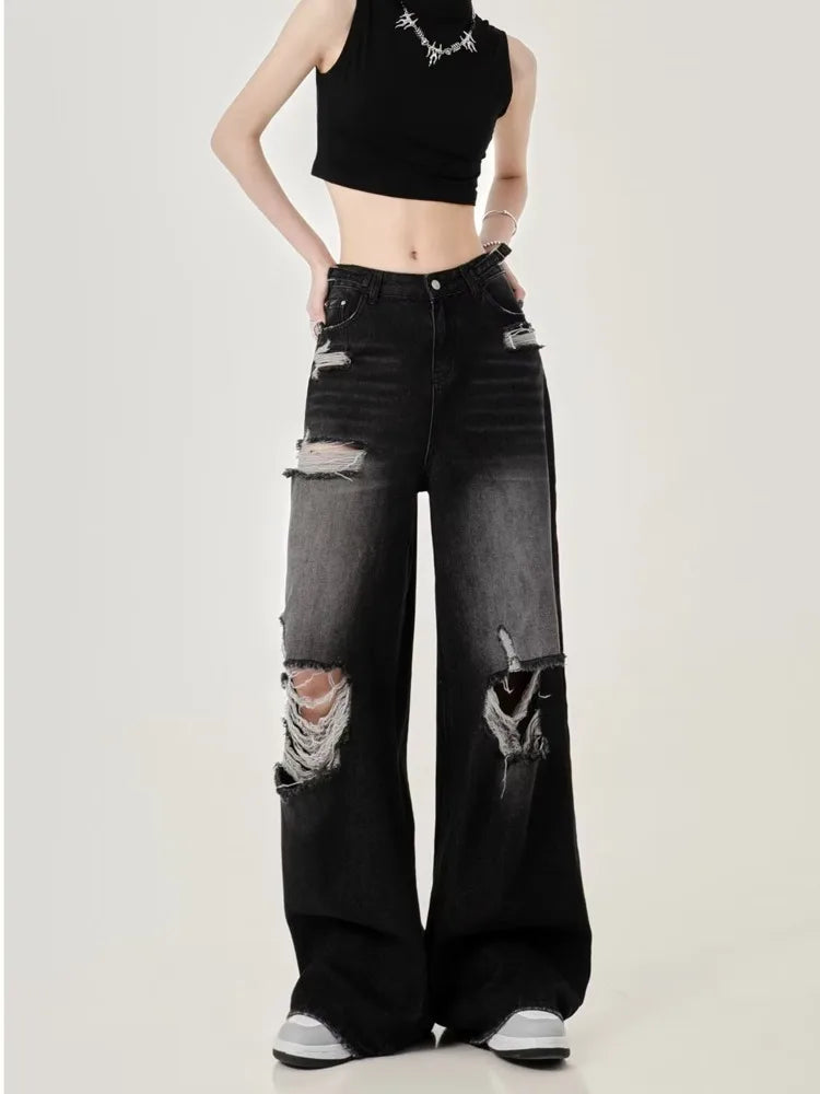 Perforated Women’s Summer New Ins Fashion Brand Straight Tube Loose Sweeping High Street Jean