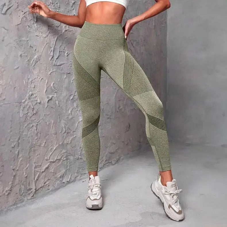 Waist Striped Mesh Fitness Outdoor Running Legging Army Green / S