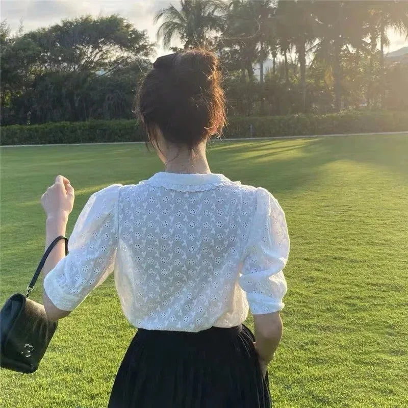 Hollow Lace Puff Sleeve Peter Pan Collar Blouse