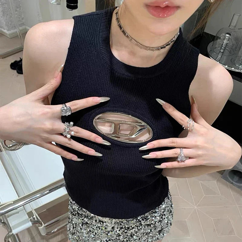 Edgy Y2K Hollowed Out Crop Top