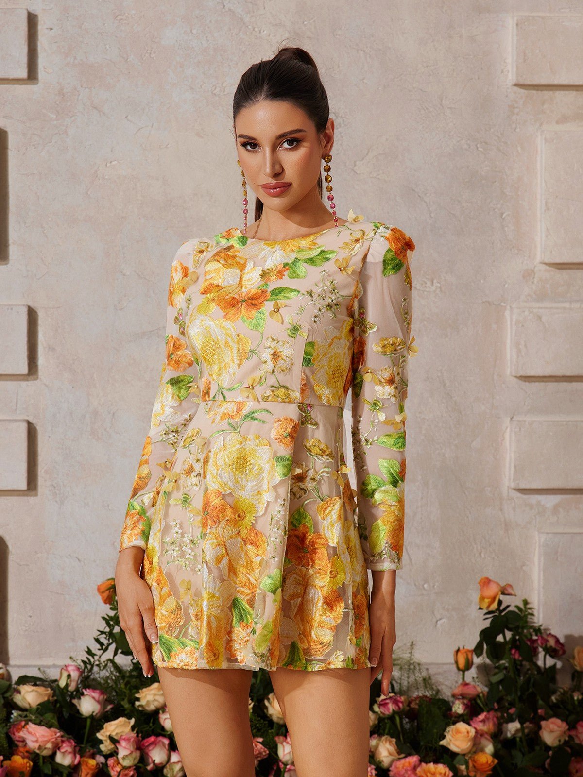 Long Sleeve Flower Embroidered Mini Dress