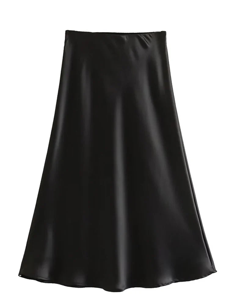 Solid Satin Elastic Waist Summer Slim ALine Skirt
