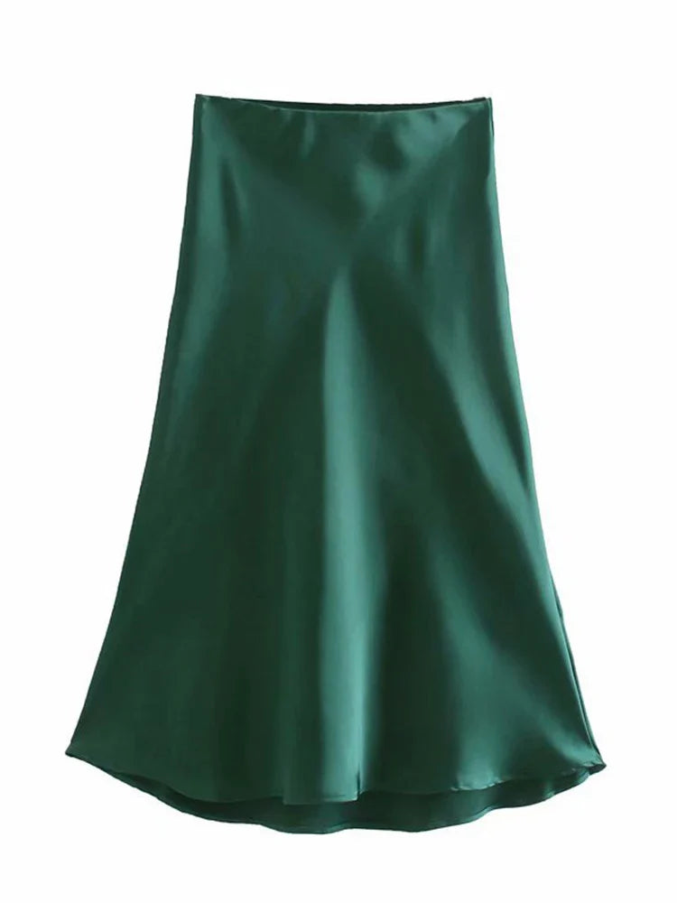 Solid Satin Elastic Waist Summer Slim ALine Skirt