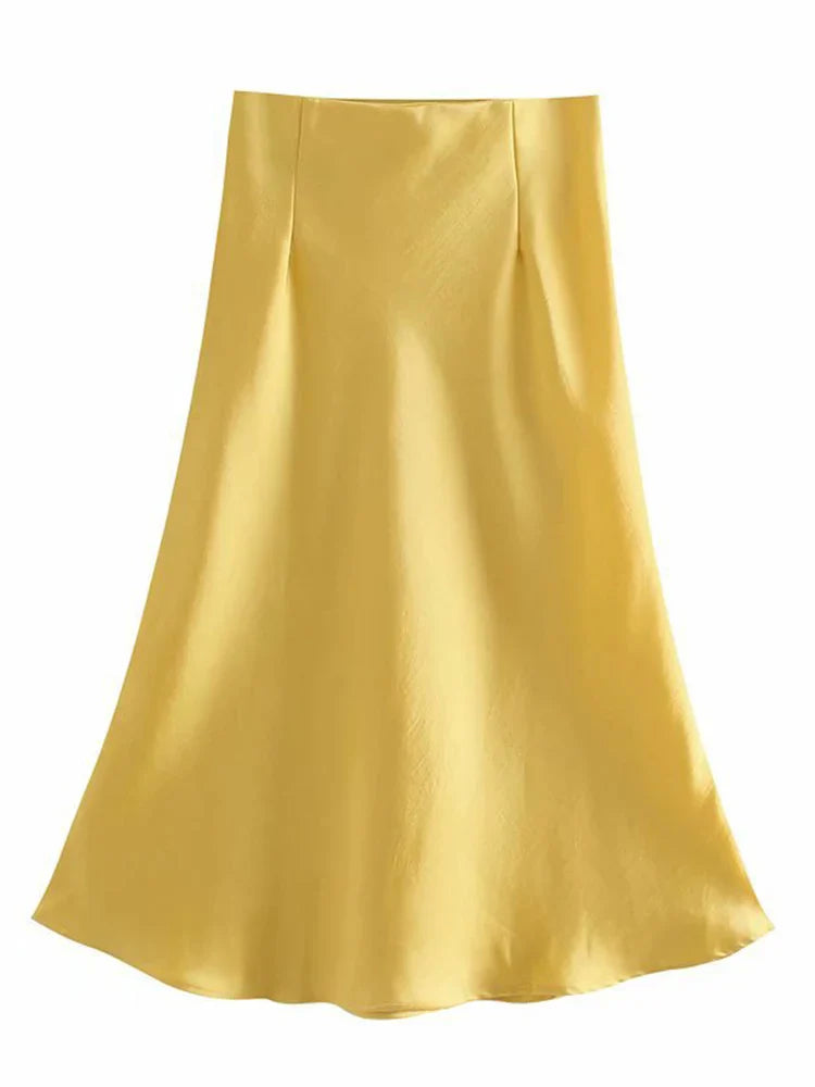 Solid Satin Elastic Waist Summer Slim ALine Skirt