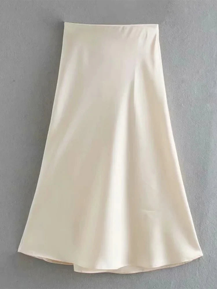 Solid Satin Elastic Waist Summer Slim ALine Skirt