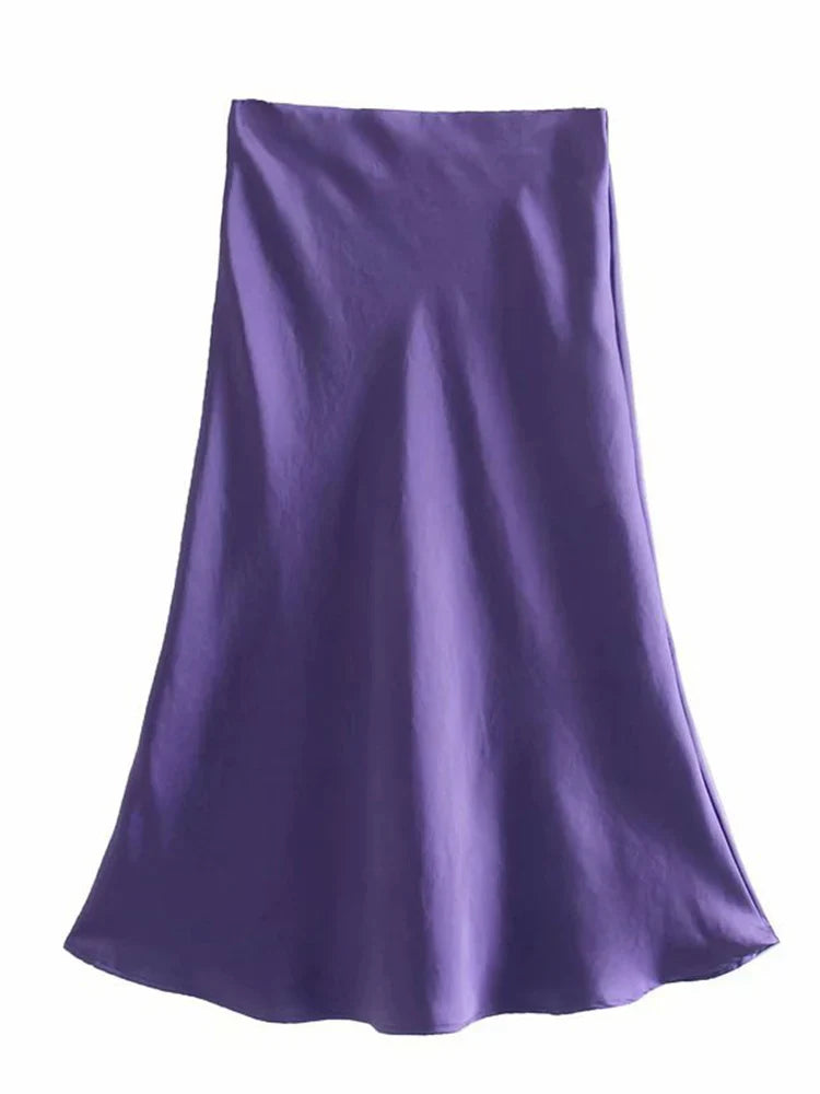 Solid Satin Elastic Waist Summer Slim ALine Skirt