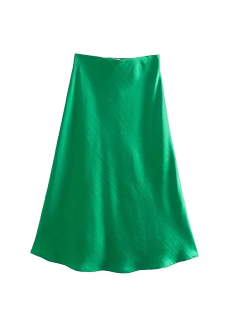Solid Satin Elastic Waist Summer Slim ALine Skirt