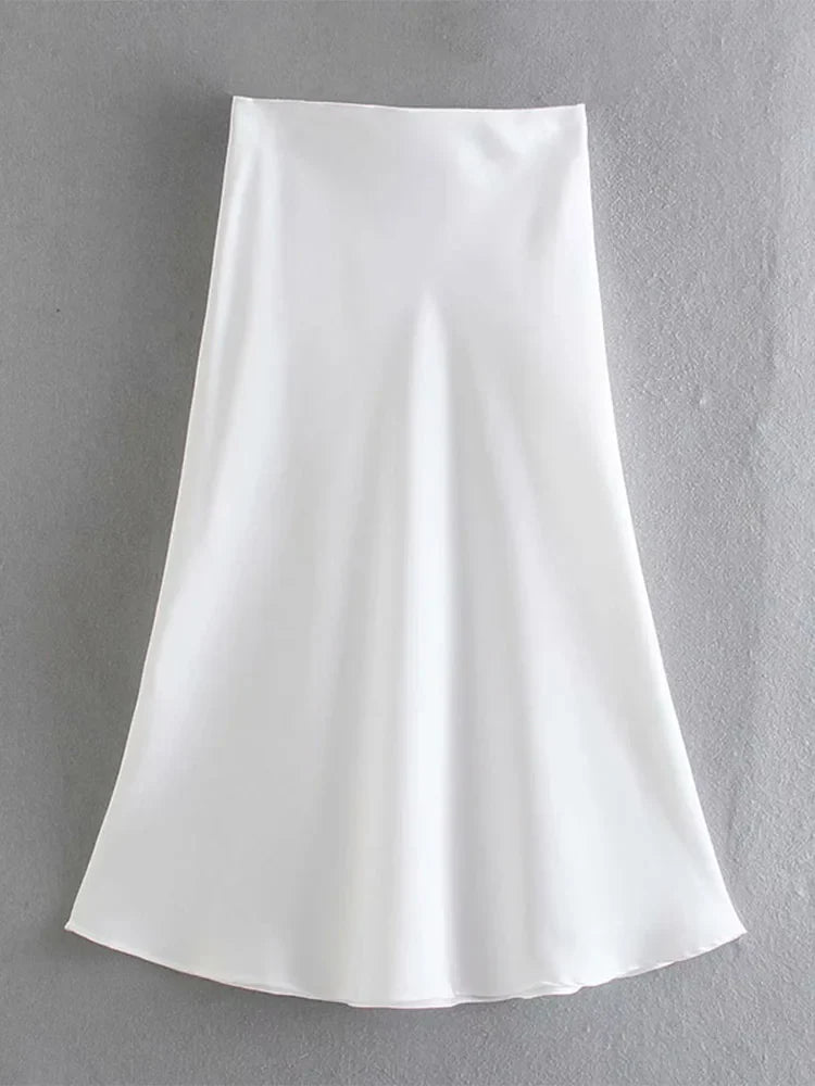 Solid Satin Elastic Waist Summer Slim ALine Skirt
