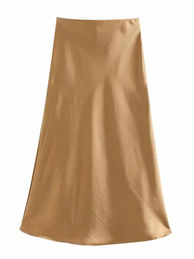 Solid Satin Elastic Waist Summer Slim ALine Skirt