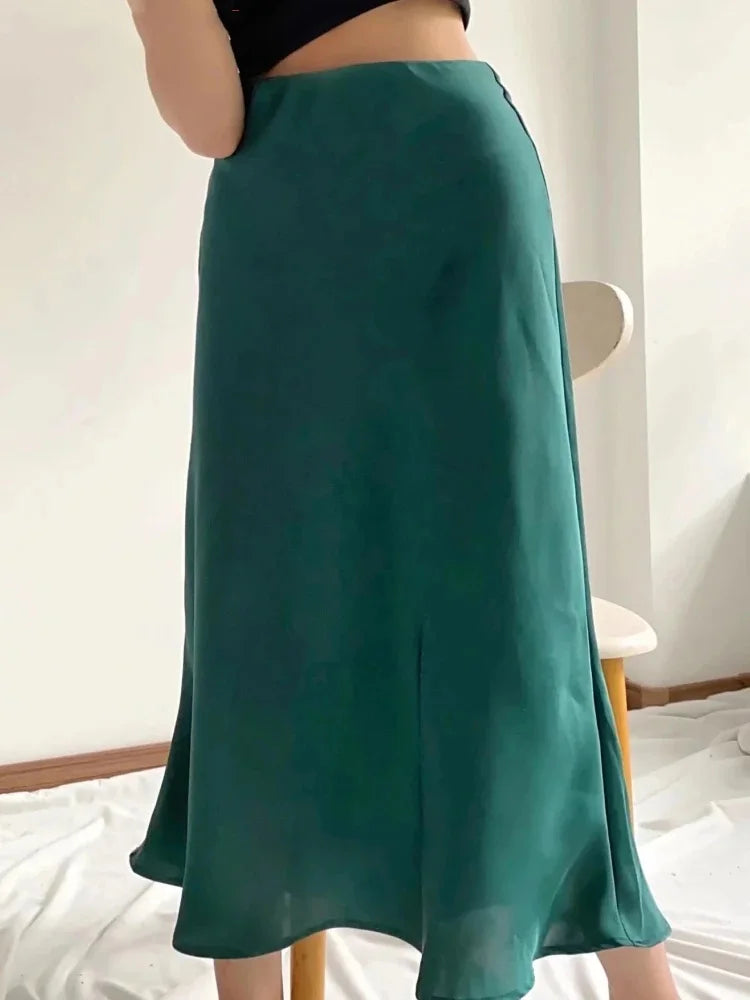 Solid Satin Elastic Waist Summer Slim ALine Skirt