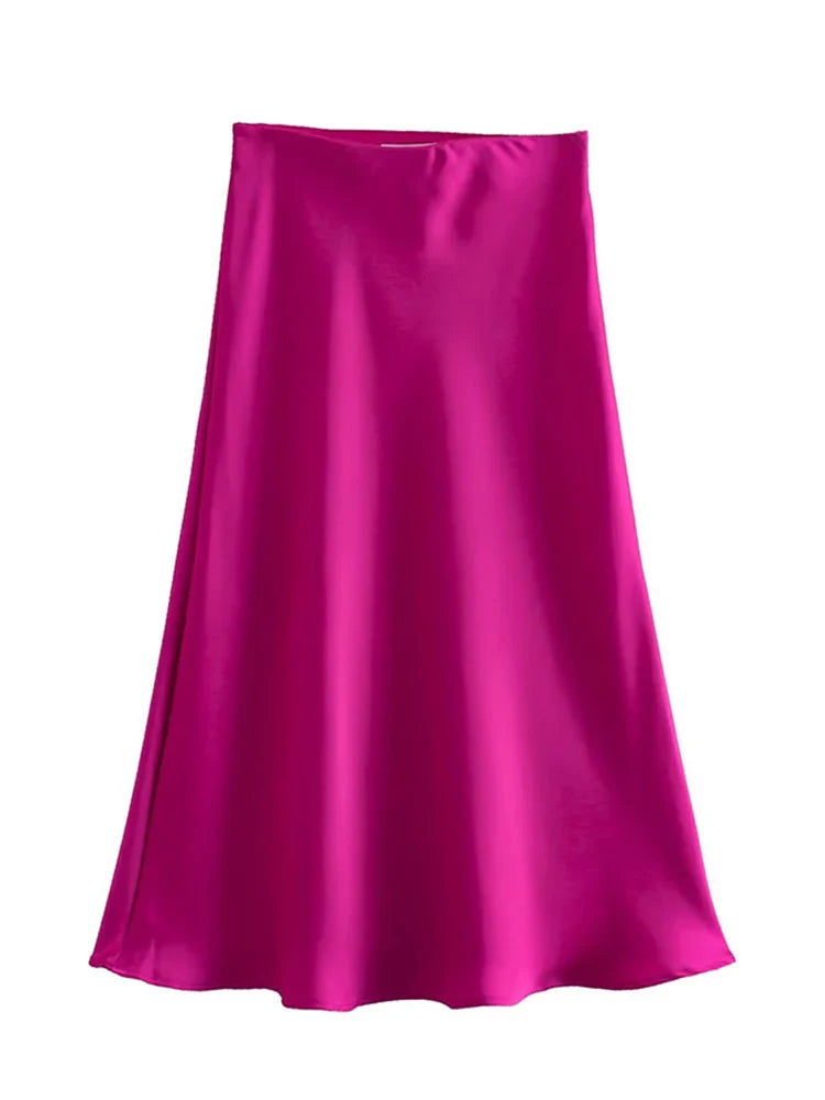 Solid Satin Elastic Waist Summer Slim ALine Skirt