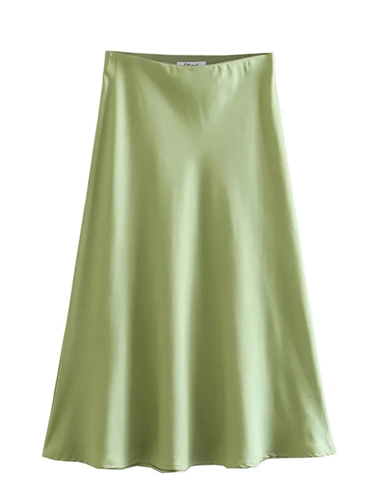 Solid Satin Elastic Waist Summer Slim ALine Skirt
