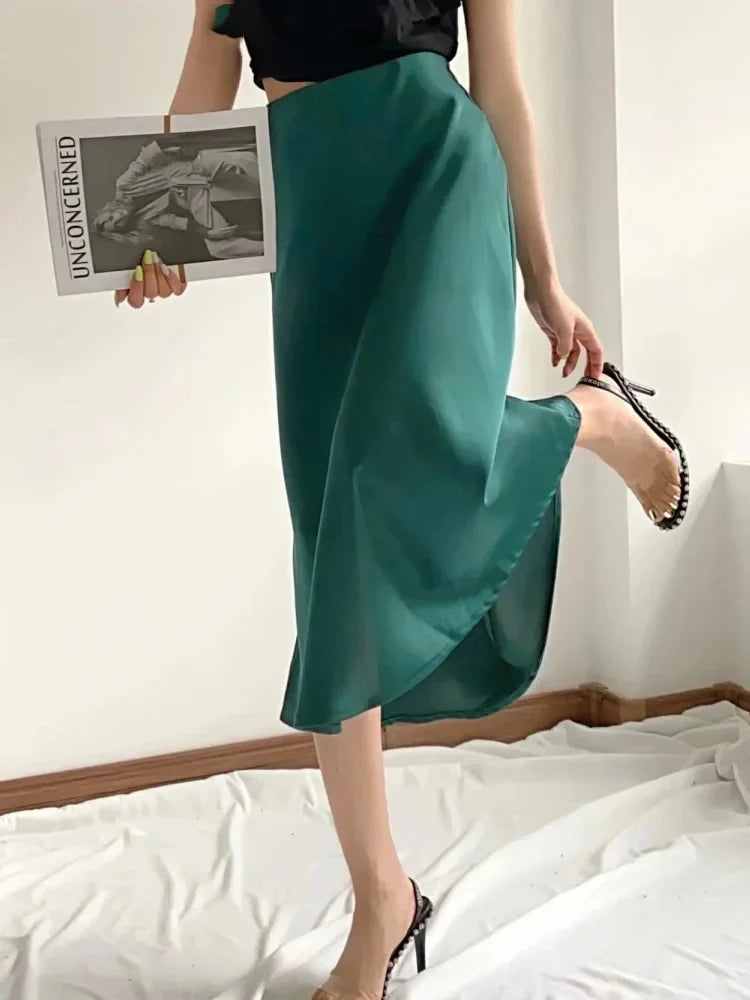 Solid Satin Elastic Waist Summer Slim ALine Skirt