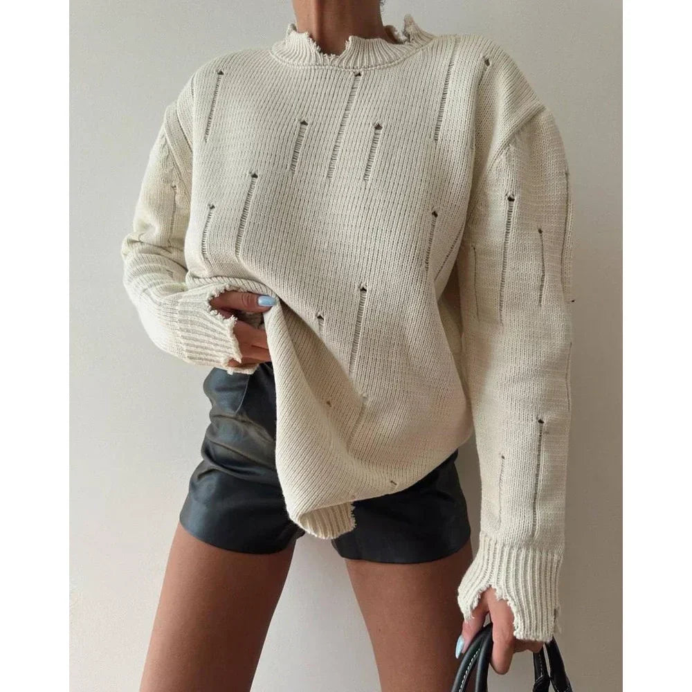 Ripped Y2K Casual Long Sleeve Sweater APRICOT / S