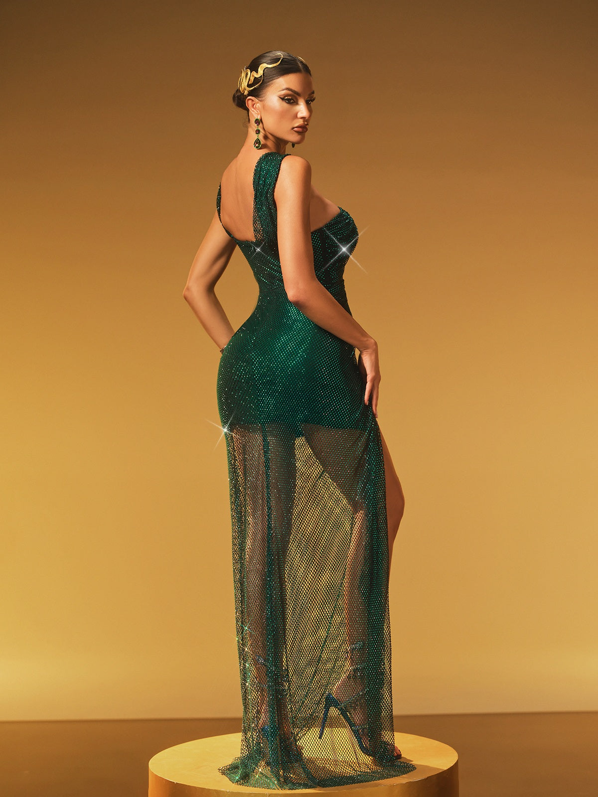 Rhinestone Mesh Split Maxi Dress