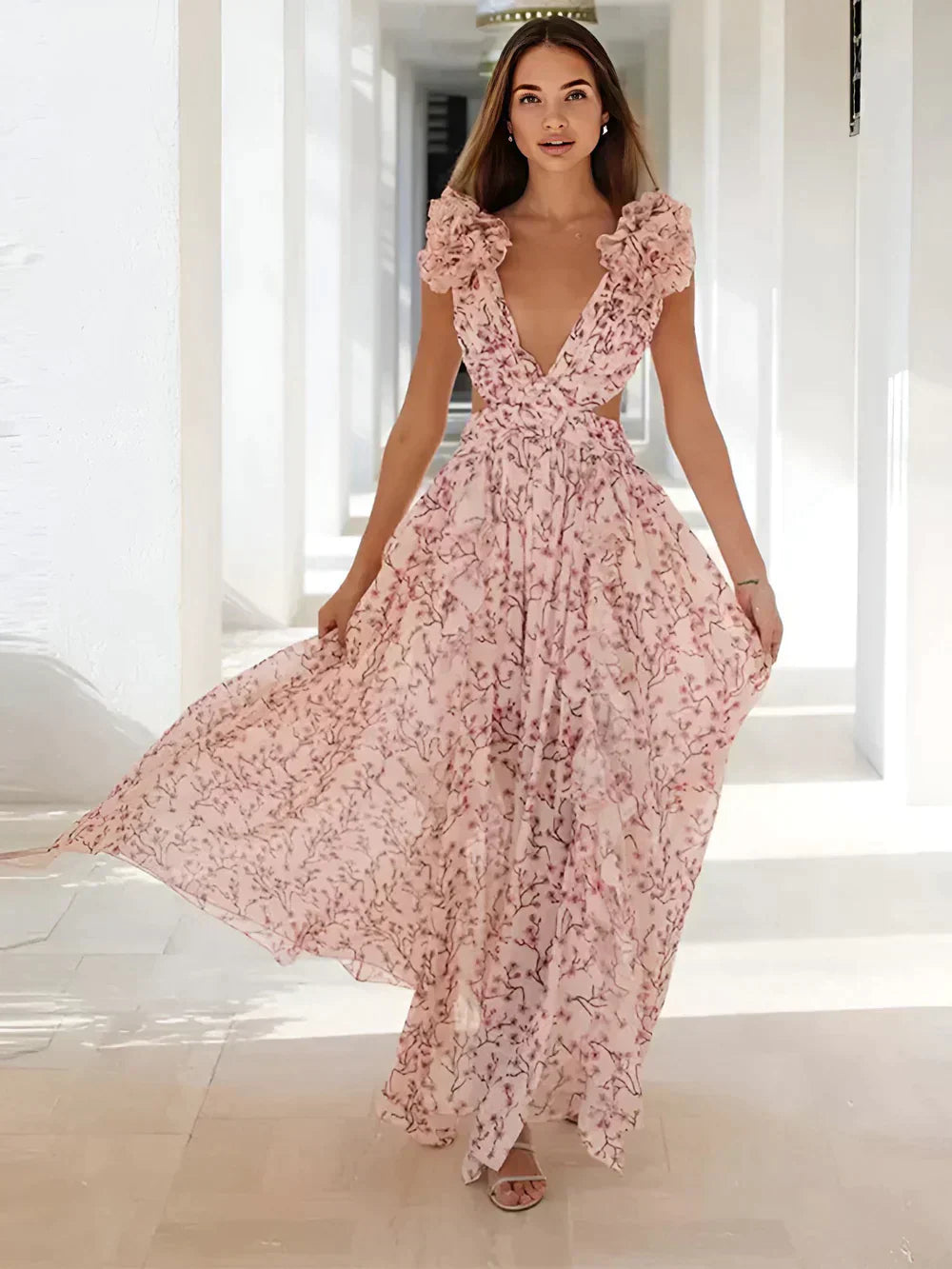 Giuliana Elevated Long Dress with Ruffled Shoulders Everyday Luxe Edit