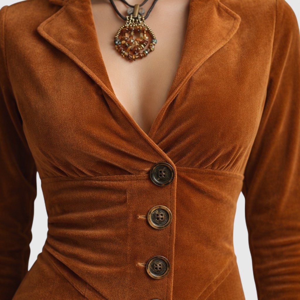 Rust Brown Lapel Collar Velvet Button Front Long Sleeve Fit-and-Flare Maxi Dress