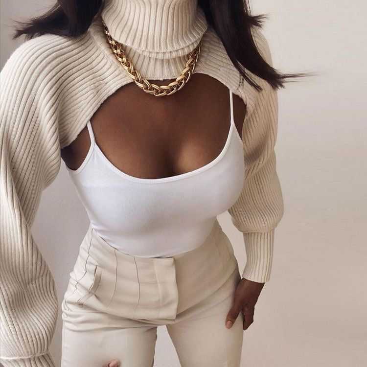 Beige Turtleneck Long Sleeve Cropped Knit Sweater