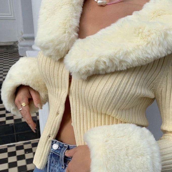 Faux Fur Collar Ribbed Knit Cropped Cardigan