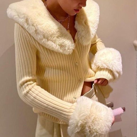 Faux Fur Collar Ribbed Knit Button Front Cardigan