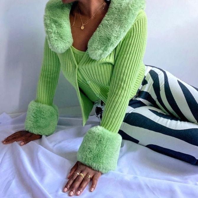 Faux Fur Collar Ribbed Knit Button Front Cardigan