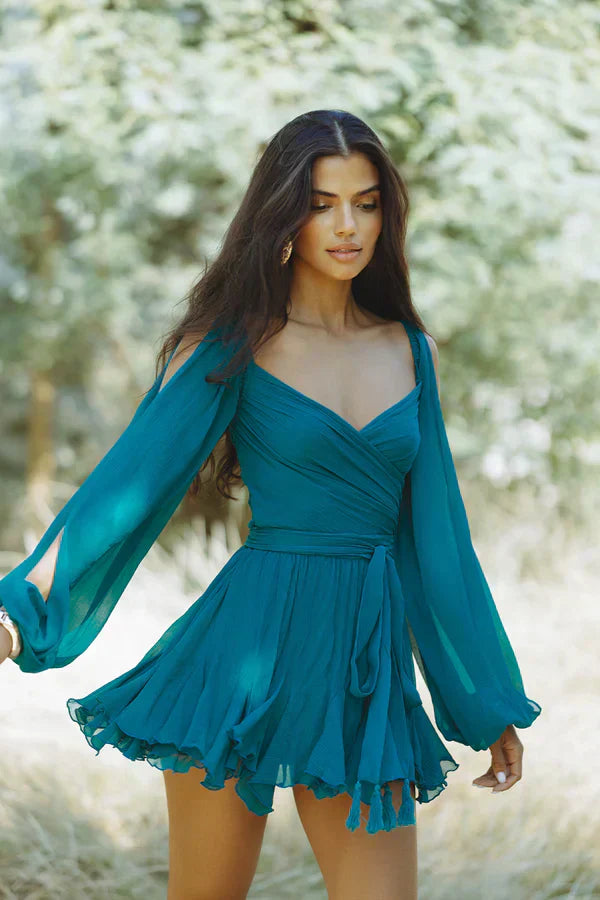 Madison Statement Dress with Flowing Sleeves and V Neck Evening Wear Edit