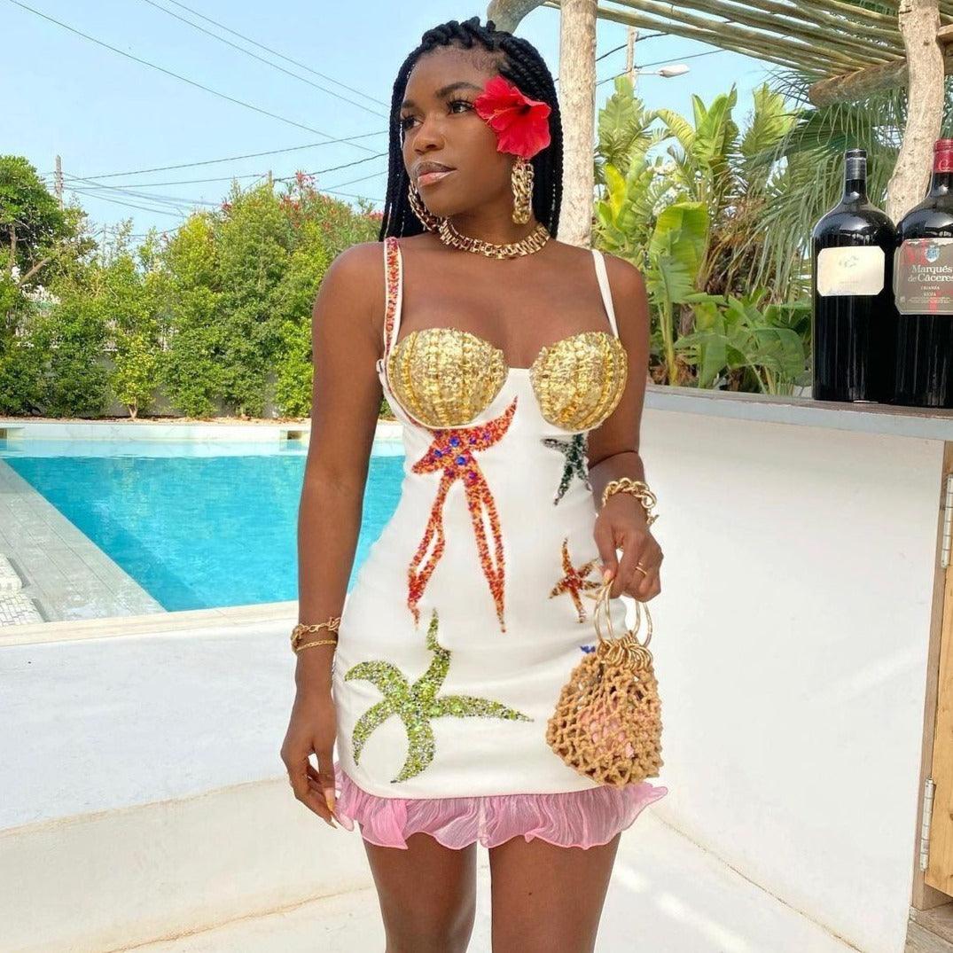 White Strap Beaded Bust Sequin Starfish Ruffle Hem Bodycon Mini Dress