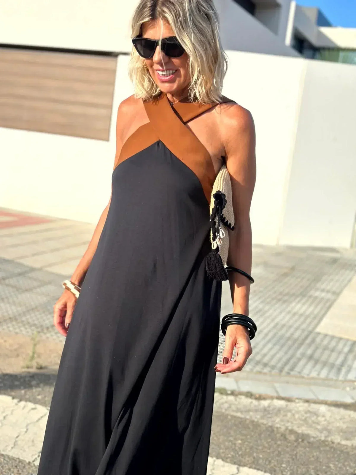 Cross Halter Neck Color Block Sleeveless A-Line Maxi Dress 8