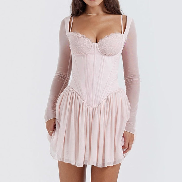 Bombshell Long Sleeve Bustier Graceful Corset Frill Mini Dress Pink / L