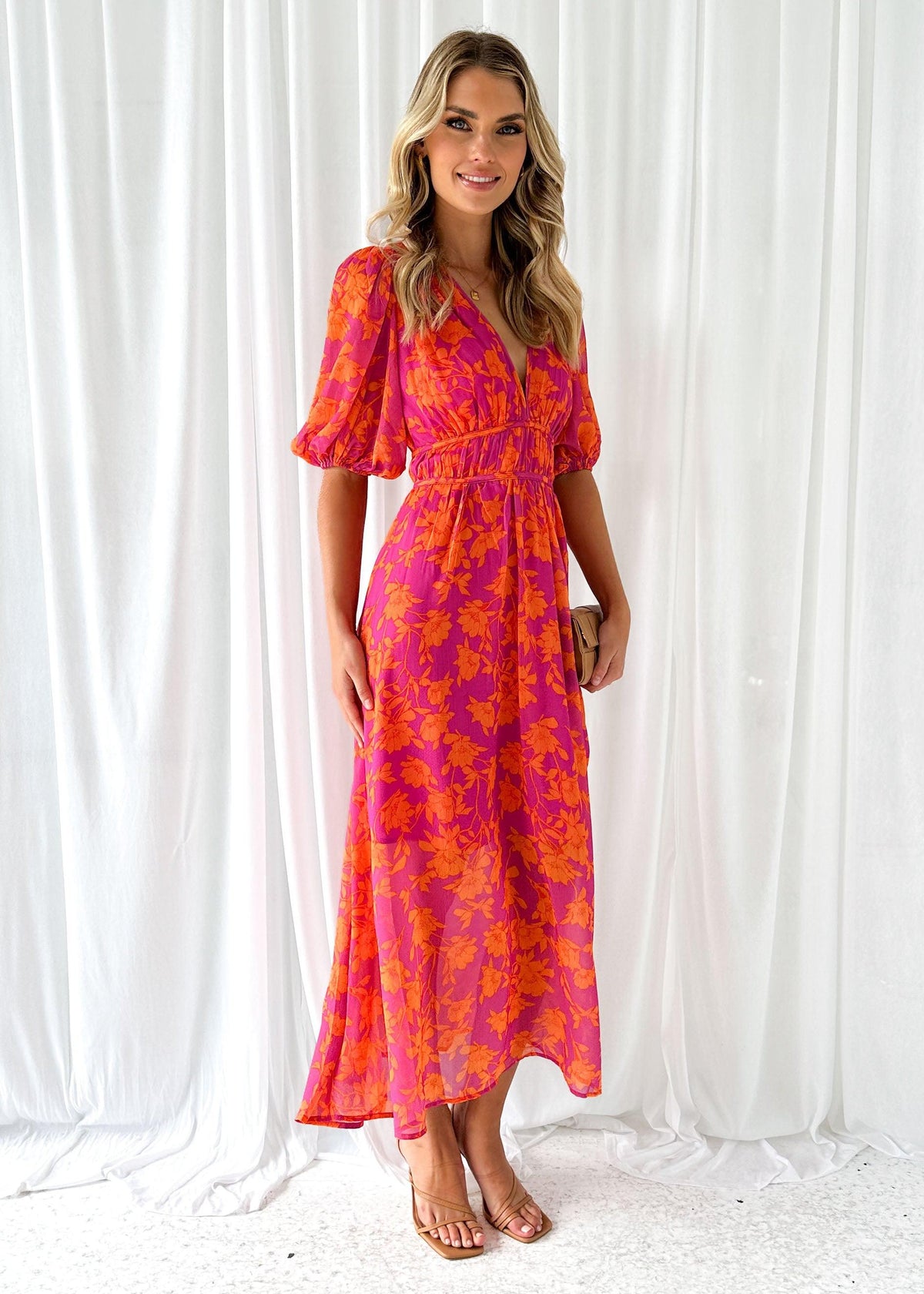Pink Orange Deep V-Neck Puff Sleeve Floral Print Smocked Waist Maxi Dress