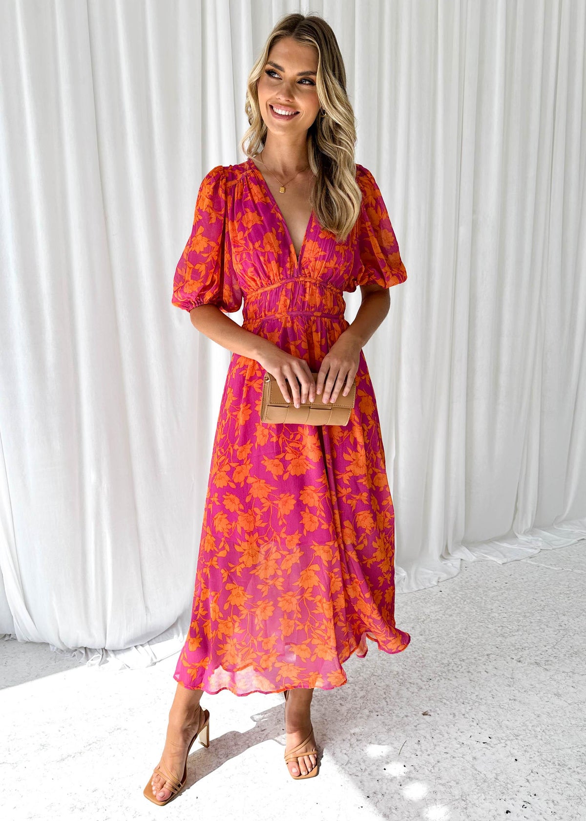Pink Orange Deep V-Neck Puff Sleeve Floral Print Smocked Waist Maxi Dress